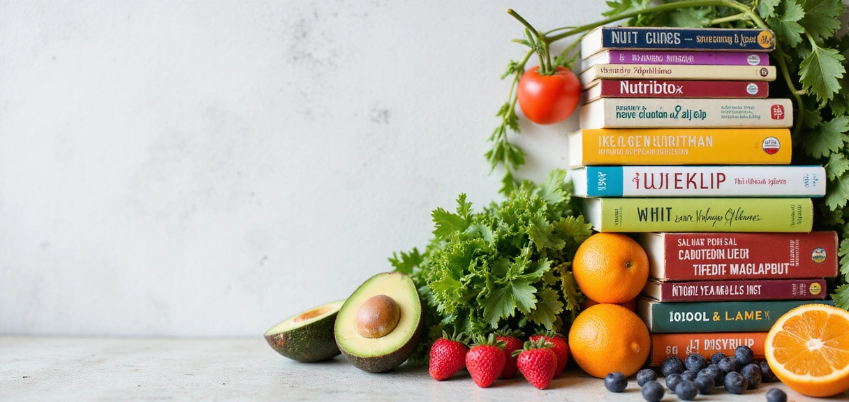 Pila de libros sobre nutrición con alimentos frescos alrededor, simbolizando conocimiento y salud.