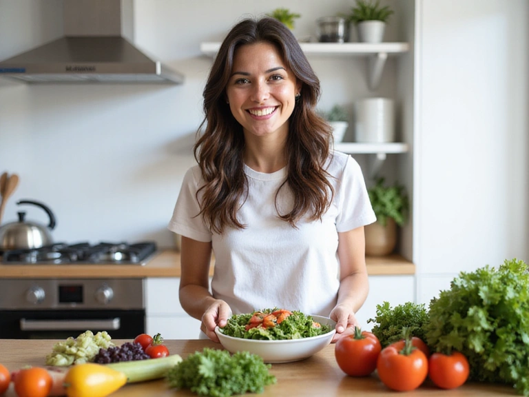 Mujer sonriendo mientras prepara una ensalada fresca en una cocina moderna, representando una comida saludable.