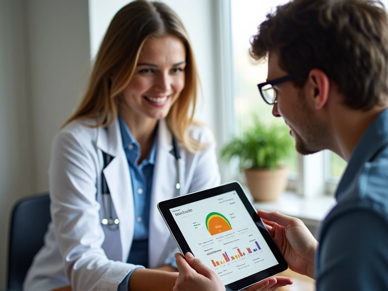 Nutricionista y cliente revisando un plan de progreso en una tableta, mostrando gráficos y datos.