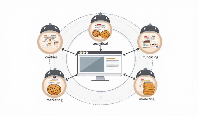 Ilustración de diferentes tipos de cookies y su función en un sitio web.