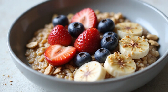 Plato de desayuno saludable con avena, frutas y frutos secos