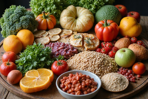 Mesa con una variedad de alimentos frescos y coloridos.